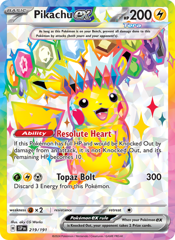 POKEMON PIKACHU EX RAINBOW FULL ART 219/191 HOLO SV08 SURGING SPARKS NM